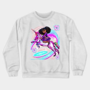 Princess for a black girls who loves unicorns pony Anime girl Natural Afro hair corn rows african American girl riding a pony unicorn Crewneck Sweatshirt